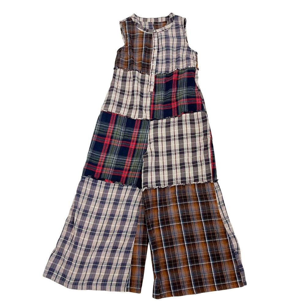 Plaid Patchwork Jumpsuit Sleeveless Wide Leg Boho Lagenlook Artsy Size Medium